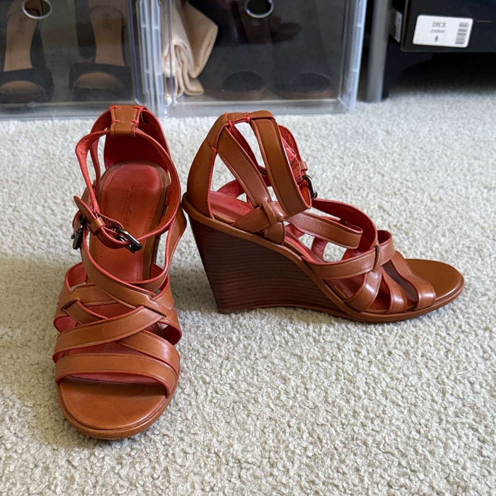 Coach Dark Orange and Tan Wedge Sandals | Sz 8.5